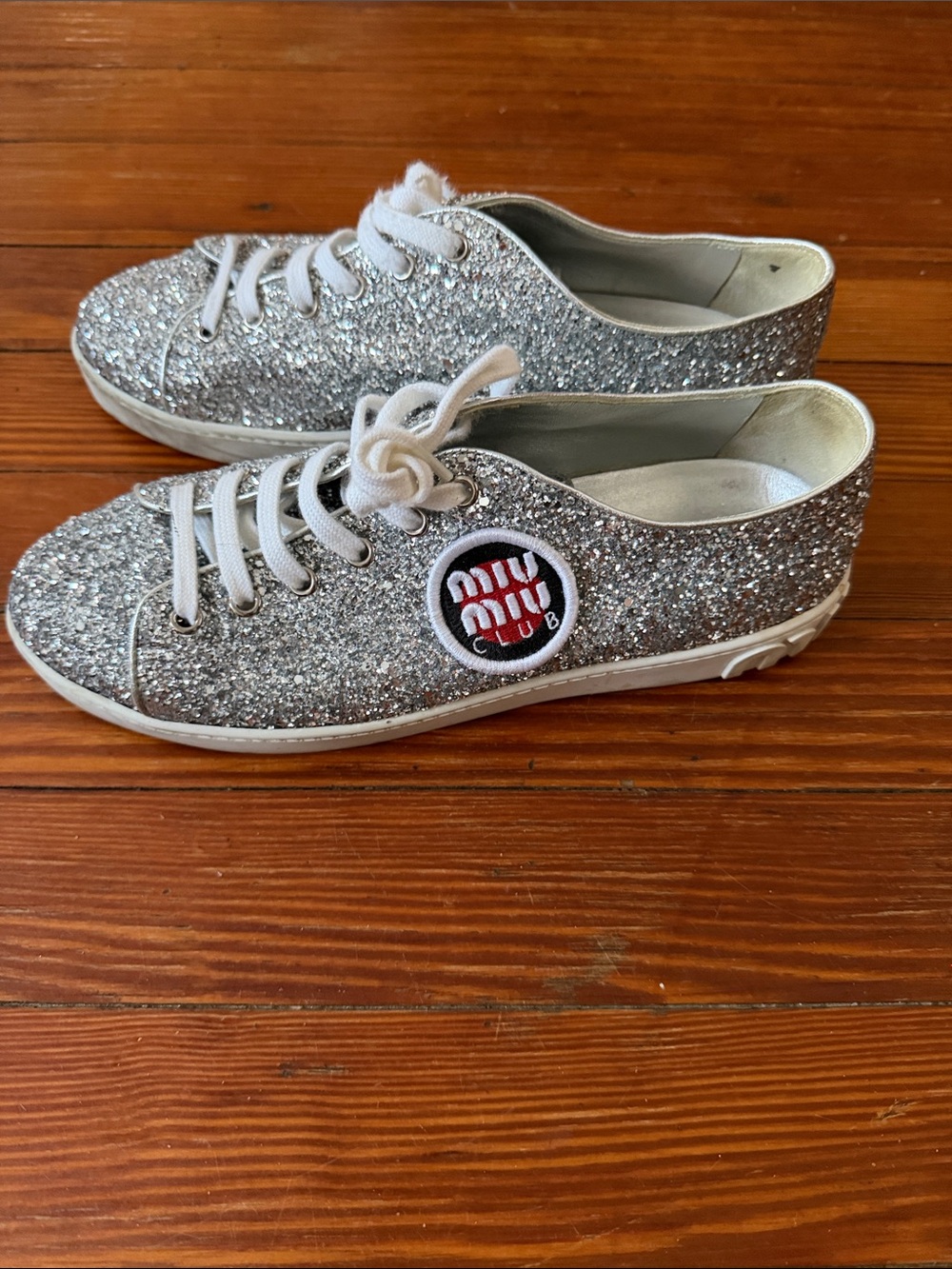 Authentic Miu Miu Silver Glitter Low-Top Sneakers with Logo Patch Size 40